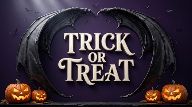 Halloween trick or treat text design with dark bat wings and glowing jackolanterns on a purple background