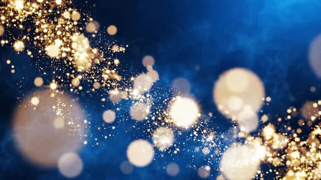 Golden glitter particles flowing on deep blue background, abstract luxury motion for celebration and event