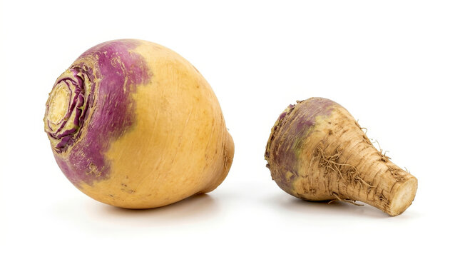 Two fresh rutabagas with purple tops and yellow bodies on a white background