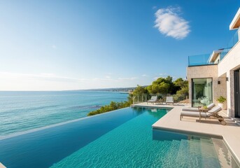 Fototapeta premium Elegant waterfront villa offers a private infinity pool with breathtaking ocean views under a bright summer sky in a coastal setting, calm, white, water