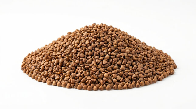 Pile of raw buckwheat groats on a clean white background