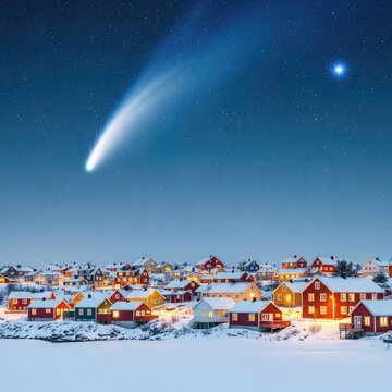 Incantevole borgo costiero con casette colorate sotto la neve soffice e un cielo notturno magico solcato da una scia di cometa luminosa, colori, notte, neve