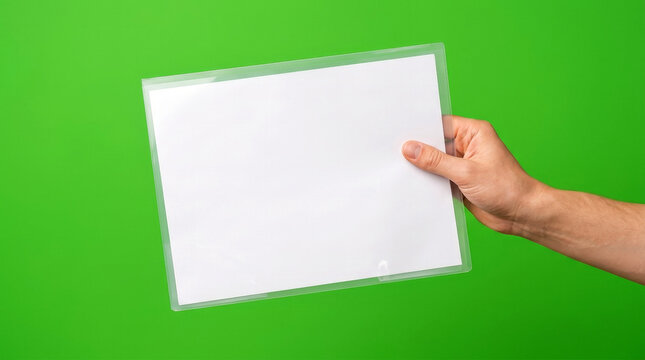 Hand holding a clear plastic document folder with blank white paper