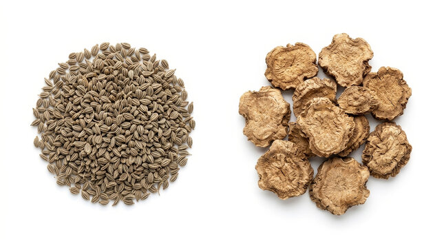 Pile of ajwain seeds next to dried galangal root slices on white background