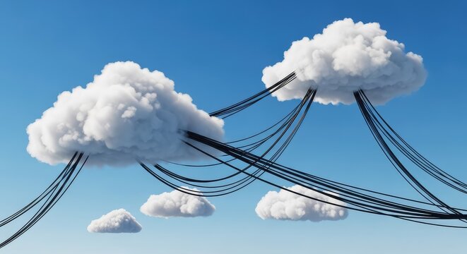 Surreal white cumulus clouds in the sky connected by thick black fiber optic cables and wires as a symbol for global cloud computing data, transfer, network, cables