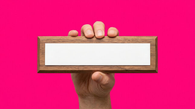Hand holding a wooden nameplate with blank white insert for text