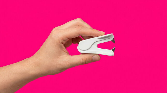 Hand holding a white staple remover tool against a vibrant pink background