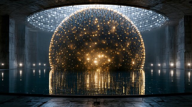 1100. An epic photorealistic masterpiece of a deep-Earth neutrino observatory underground. Massive spherical tank lined with thousands of golden photomultiplier glass tubes glowing under clear 