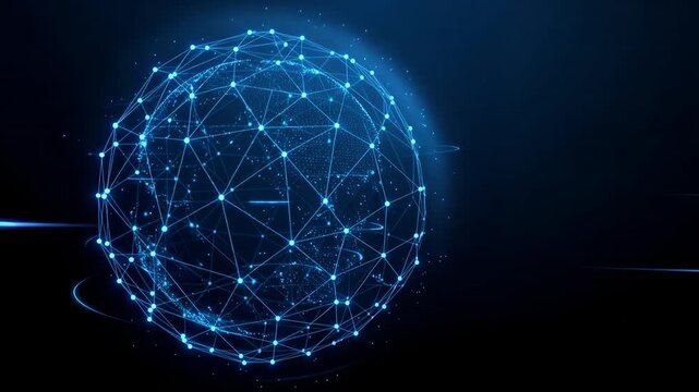 Cyberspace glowing sphere network connects global data nodes and digital information pathways securely.