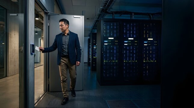 Asian man scanning key card to enter server room data center facility
