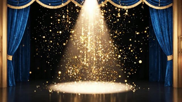 Golden glitter particles falling on stage with blue curtains and spotlight festive ceremony background