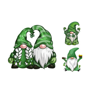 St Patricks Day gnomes vector character set with shamrocks clovers and pot of gold for Irish holiday