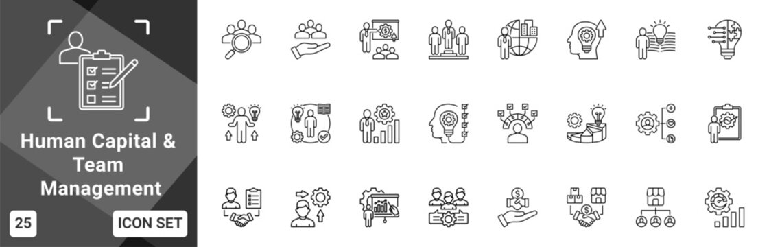 Human Capital And Team Management  Icon set collection. Vector icon pack featuring thematic icons for your presentations or business.