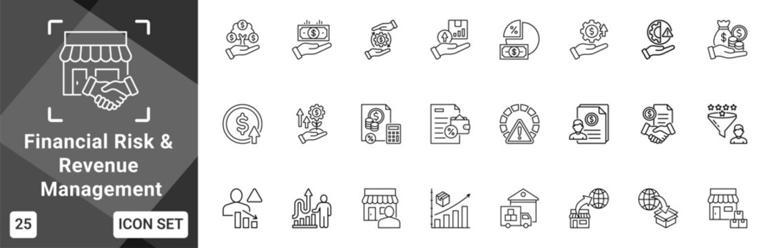 Financial Risk And Revenue Management  Icon set collection. Vector icon pack featuring thematic icons for your presentations or business.