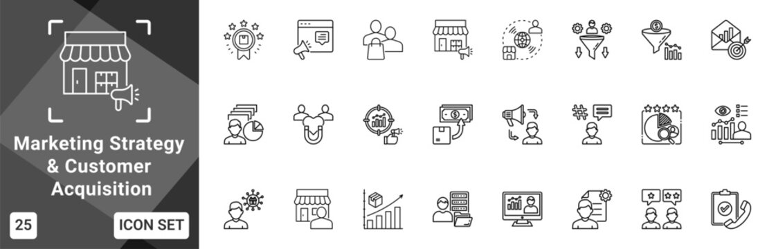 Marketing Strategy And Customer Acquisition  Icon set collection. Vector icon pack featuring thematic icons for your presentations or business.