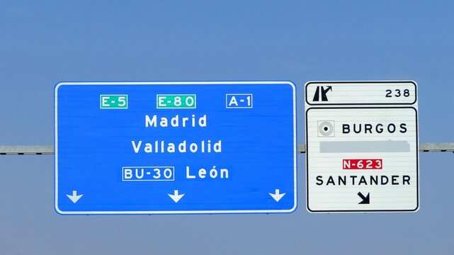 A road sign on the A-1 motorway in Spain, indicating directions to Madrid, Valladolid and Leon, as well as exit 238 to Burgos Center and Santander.August 22, 2026