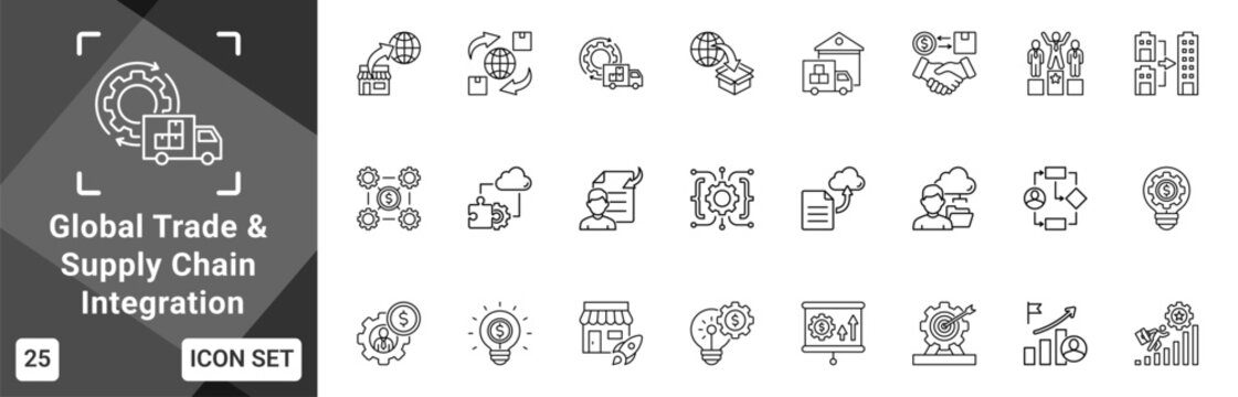 Global Trade And Supply Chain Integration  Icon set collection. Vector icon pack featuring thematic icons for your presentations or business.