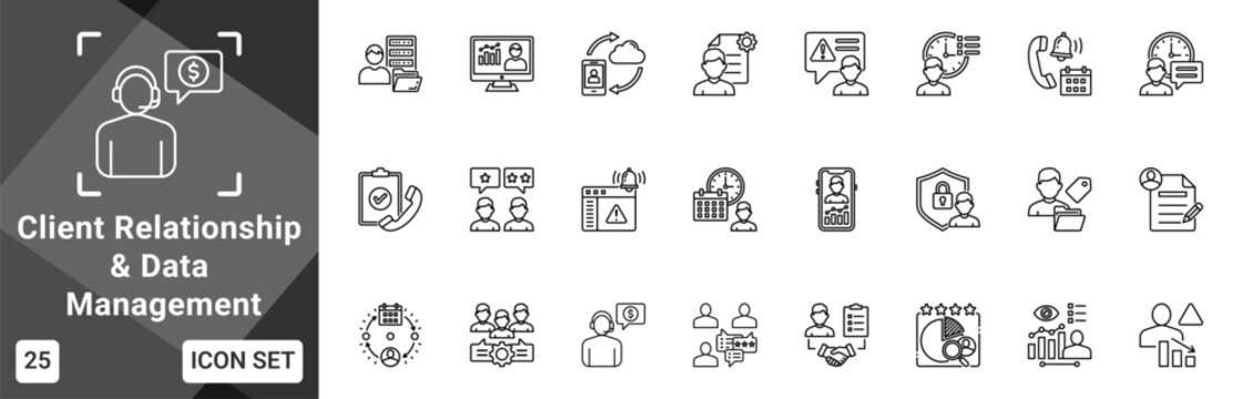 Client Relationship And Data Management  Icon set collection. Vector icon pack featuring thematic icons for your presentations or business.