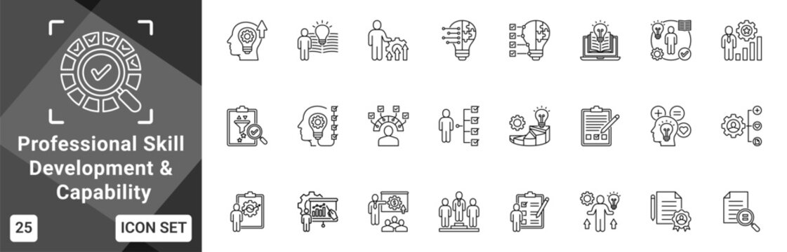 Professional Skill Development And Capability  Icon set collection. Vector icon pack featuring thematic icons for your presentations or business.