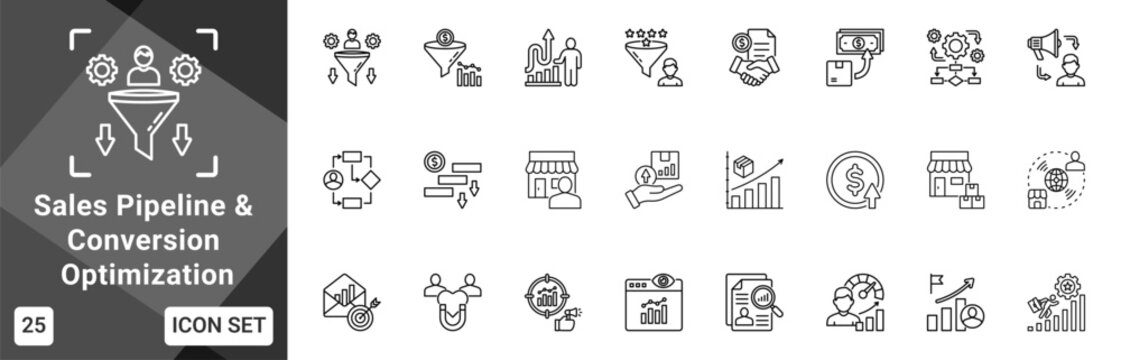 Sales Pipeline And Conversion Optimization  Icon set collection. Vector icon pack featuring thematic icons for your presentations or business.