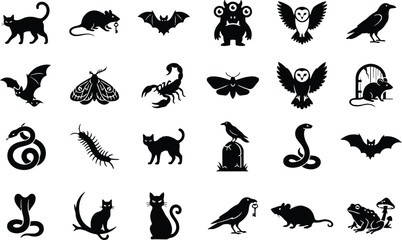 Naklejka premium Halloween Spooky Animals Silhouette Icon Set With Crow, Bat, Spider, Black Cat, Owl, Snake