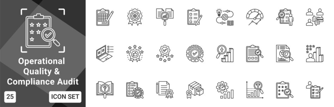 Operational Quality And Compliance Audit  Icon set collection. Vector icon pack featuring thematic icons for your presentations or business.