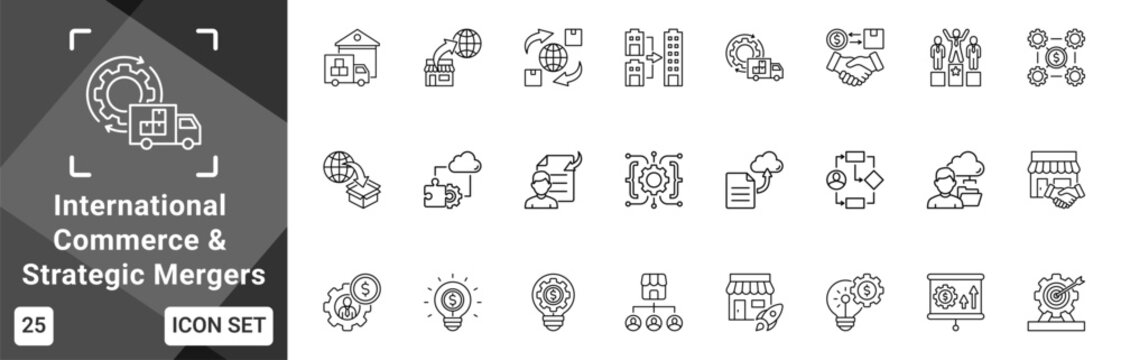 International Commerce And Strategic Mergers  Icon set collection. Vector icon pack featuring thematic icons for your presentations or business.