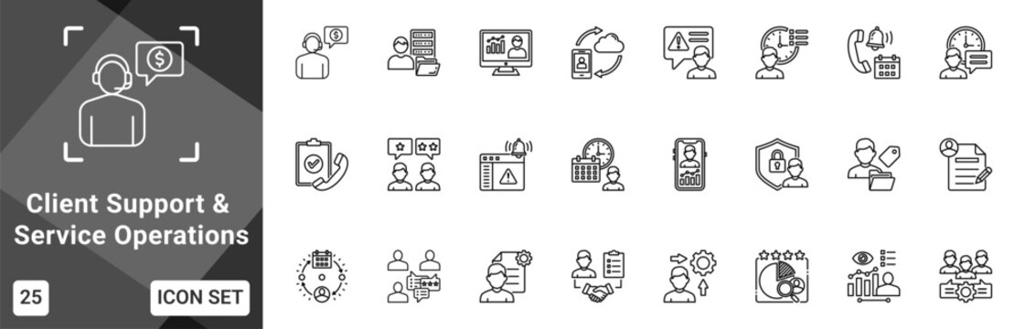 Client Support And Service Operations  Icon set collection. Vector icon pack featuring thematic icons for your presentations or business.