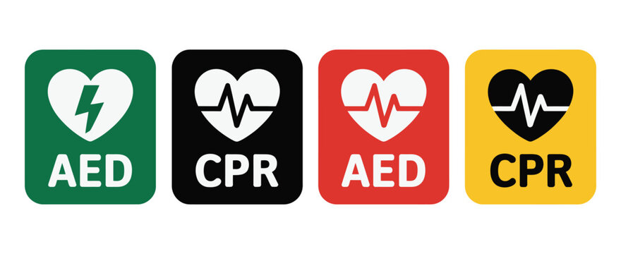 AED emergency defibrillator icons, CPR and cardiac rescue medical symbols