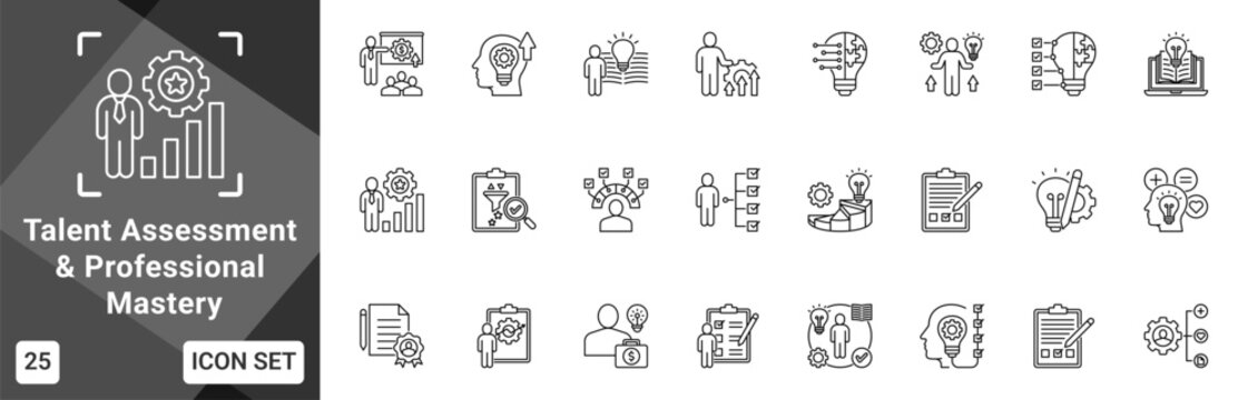 Talent Assessment And Professional Mastery  Icon set collection. Vector icon pack featuring thematic icons for your presentations or business.