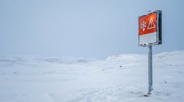 Icy road warning sign standing alone in a vast desolate winter landscape during a harsh and freezing cold blizzard day