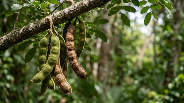 Vibrant green and brown seed pods hanging from a sturdy tree branch in a dense tropical rainforest during bright daylight