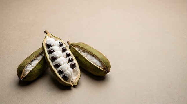 Fresh ripe ice cream bean pods displayed beautifully on a neutral textured surface showing soft white pulp and shiny seeds