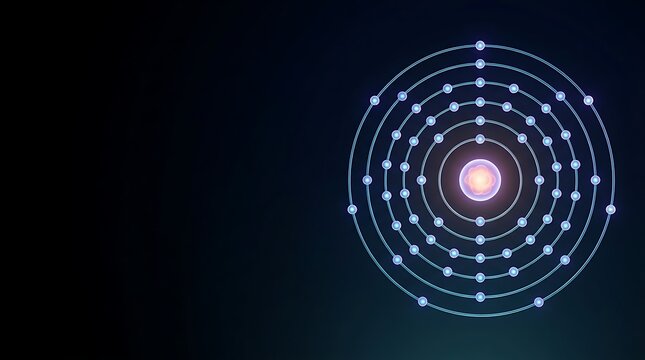 Glowing atomic structure model featuring a brilliant central nucleus surrounded by multiple orbital rings with circulating electrons on dark background