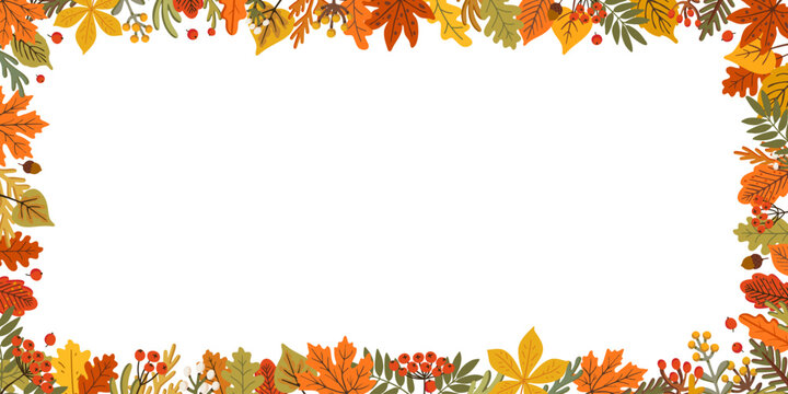 Autumn horizontal frame with rowan berries and maple leaf border spread across top and bottom edges. Wide vector wreath opens copy space for banners, posters and seasonal social media designs
