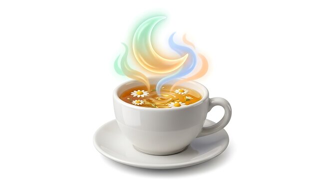 Cup of herbal chamomile tea with colorful magical steam rising on white background