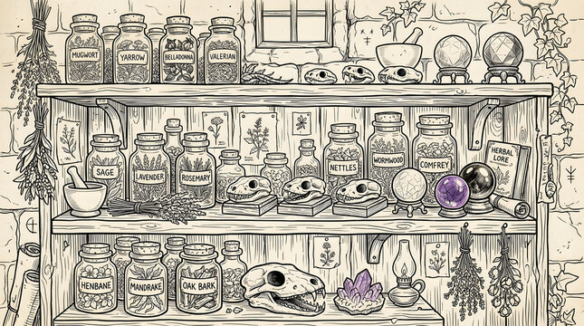 Witchs Apothecary Shelf With Herbs Crystals Skulls And Lore Book