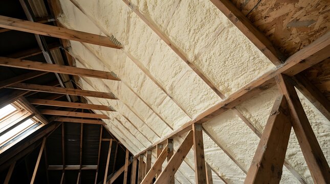 Spray foam insulation applied between wooden roof rafters inside an unfinished attic showing energy efficient sealing for modern home construction