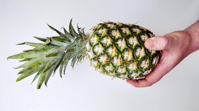 Fresh green pineapple in hands on a white background