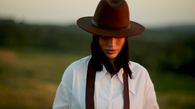 Woman wearing a brown fedora hat standing in a meadow during the golden sunset hour