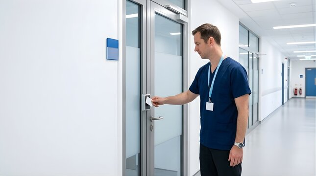 Male healthcare professional using key card to enter hospital corridor room