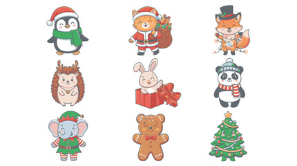 Fototapeta premium Set of cute Christmas characters including penguin elf and gingerbread bear isolated on white for holiday party decor Merry Christmas