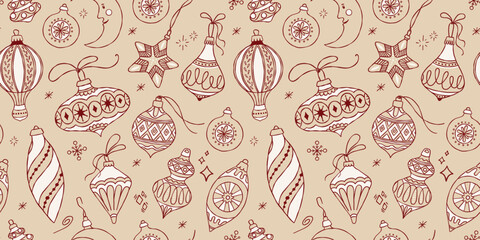 Naklejka premium Seamless Christmas pattern with vintage ornaments, baubles, stars and icicle shapes on warm beige background. Folk inspired holiday vector repeat for wrapping paper, textiles, packaging, festive decor