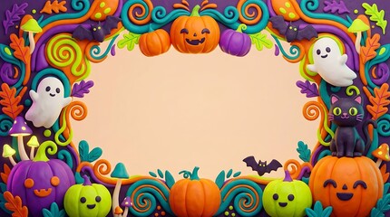 Fototapeta premium Halloween themed border features pumpkins ghosts bats and a black cat in 3d style