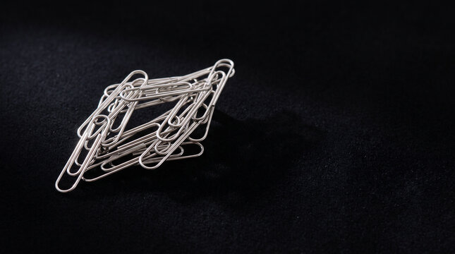 still life photography of dozens of ordinary silver paper clips arranged like an intricate piece of jewelry on a perfectly smooth dark velvet surface 
