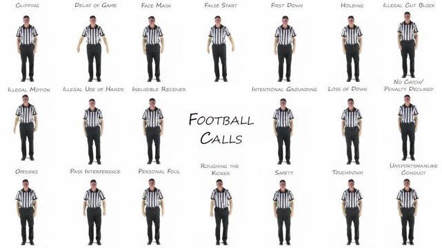 Array of American Football signals being called by a referee isolated on white in 4K.