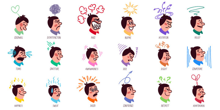 Face expression character set in crayon doodle comic style with colorful heads in different mood and emotion with expressive symbols. Face emotion set with clear moods and playful effects