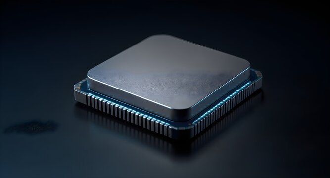 3D render of a computer CPU microchip on a dark surface with subtle blue lighting. Concept for semiconductor technology, computing performance, processors, and hardware engineering.