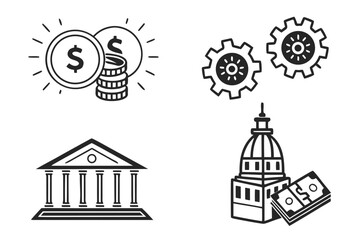 Obraz premium Business and finance vector icon set featuring bank, coins, currency, and economic growth illustrations