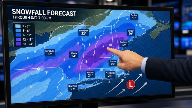 Meteorologist points to snowfall accumulation forecast map on digital screen